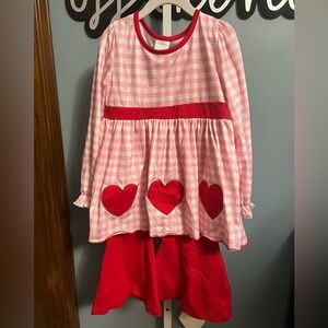 Pink and White Gingham Long Ruffle Sleeve Heart Shirt and Red Flare Legging Set